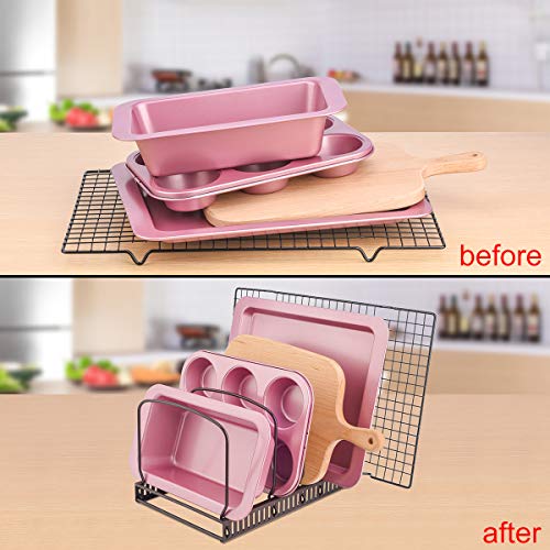 Toplife 10+ Bakeware Organizer Rack for Kitchen Bakeware, Cookware, Dinnerware, Cutting Boards, Plates, Pot and Pan Lids (Brown) - color: Brown, size: Bakeware Organizer