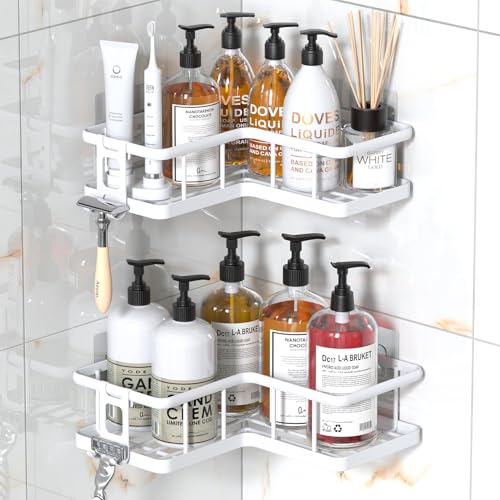 YASONIC Shower Caddy Corner, 2-Pack Adhesive Rustproof Stainless Steel Shower Shelves with Soap Holder, No Drilling Shower Organizer Corner for Dorm, Renters Bathroom White - color: White, size: 2Pack