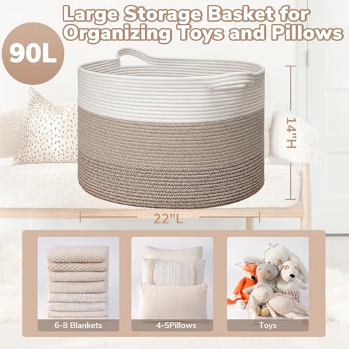 Goodpick Large Laundry Basket, Woven Rope Storage Basket for Blanket, Toy Bin for Baby Room, Nursery, Bedroom, Toys, 21.7'' x 13.8'', Light & Brown - color: White & Light Brown, size: 21.7x21.7x13.8 Inch (Pack of 1)
