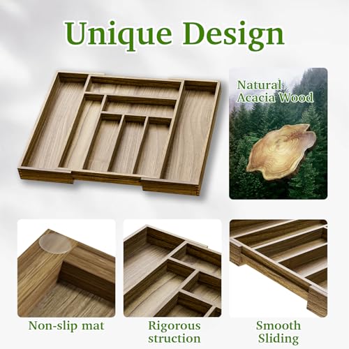 Kiasthome Acacia Wood Kitchen Silverware Drawer Organizer, Expandable Utensil Cutlery Drawer Organizer with Dividers, Flatware Organizer Silverware Tray for Spoon, Fork, 13''-21''x16.9'' (6-8 Slots) - size: 8 Slots Expandable