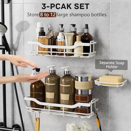 OMAIRA 3-Pack Shower Caddy with Soap Holder, Adhesive Rustproof No-drill Strudy Loading Inside Shower Organizer Shelves Rack Storage Bathroom Organization for Smooth Wall Glass Tile, White (X-Large) - color: 3PCS White - XX Large