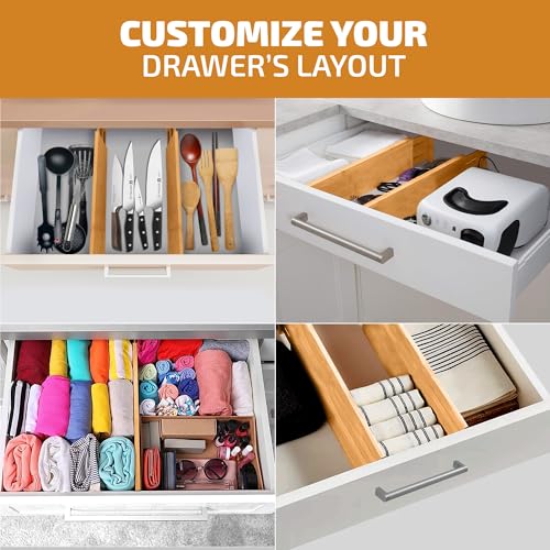 6-Pack Drawer Dividers - 4 Inches High, Adjustable 11 to 17 Inches Bamboo Drawer Organizers, Large Deep Expandable Separators for Clothes, Dresser, Bedroom, Bathroom, Baby, Office, Kitchen Utensils - color: Bamboo, size: 4-Inch High