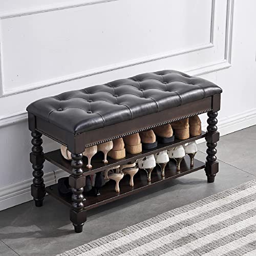 LEILISI Shoe Bench, Wood Storage Bench with Cushion Seat, Shoe Rack with Hidden Storage Space for Entryway Living Room Bedroom Hallway (Walnut, 31.5'') - color: Walnut, size: 31.5