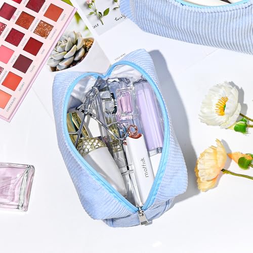 SOIDRAM 12PCS Checkered Makeup Bag Preppy Cosmetic Bag Bulk Blue Makeup Pouch Personalize Travel Toiletry Bag Organizer Cute DIY Makeup Brushes Storage Bag for Women - color: Corduroy Blue, size: 12 Pack