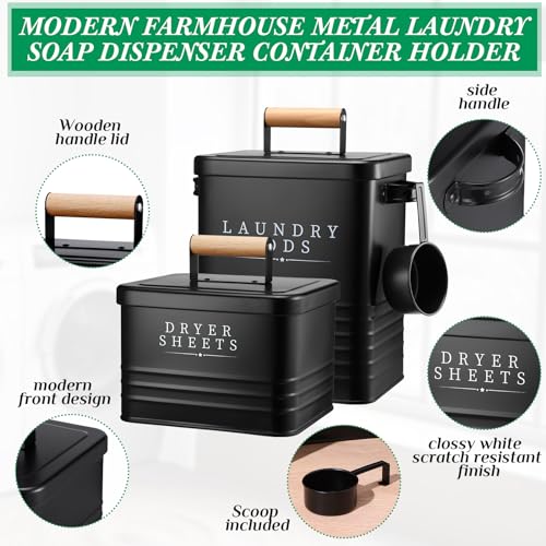 Yaocom 2 Pcs Laundry Pod Container with Dryer Sheet Holder Farmhouse Laundry Room Decor Organization and Storage Detergent Container Box with Lid Handle Metal Dryer Sheet Dispenser(Black) - color: Black