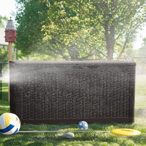 Greesum 100 Gallon Resin Deck Box Large Outdoor Storage, Imitation Rattan Weave Texture for Patio Furniture, Garden Tools, Pool Supplies, Weatherproof and UV Resistant, Lockable, Dark Brown - color: Dark Brown, size: 100 Gallon