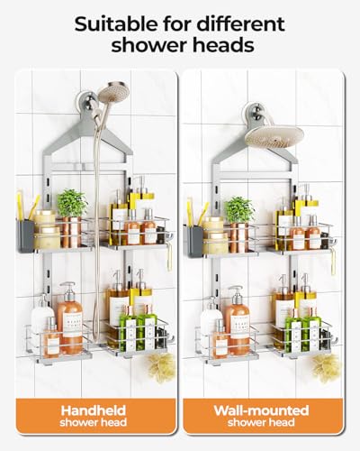ODesign 2 Tier Height-Adjustable Shower Caddy Hanging Anti-Swing-Over The Shower Head Caddy-Storage Organizer Bathroom Shelves Basket-Silver - color: Silver, size: 2 Tier