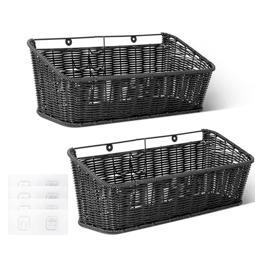 GRANNY SAYS Wicker Hanging Basket, 2 Pack Wall Basket for Kitchen, Fruit and Vegetable Storage Cabinet, Pantry Storage Spice Organization for Cabinet, Adhesive Shelf for Bathroom, Black - color: Black