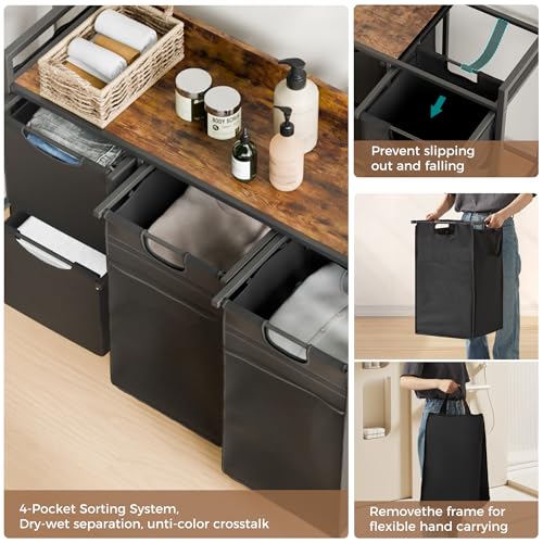 Laundry Sorter with 4 Sections, Laundry Hamper with Wheels, Laundry Basket with Small Side Pockets and Pull-Out Removable Liners,for Laundry Room Bedroom Bathroom (150L) - size: 150L