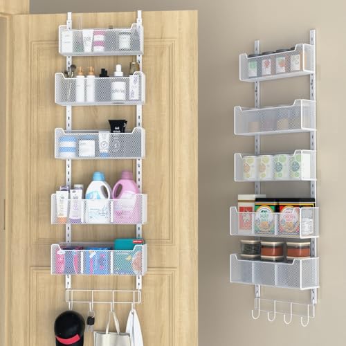 VyGrow Over The Door Organizer, Metal Door Organizer Hanging with 5 Adjustable Baskets and Coat Hook, Behind The Door Storage for Bedroom Closet Bathroom Pantry Cabinet Kitchen, White - color: White, size: 5-Tier