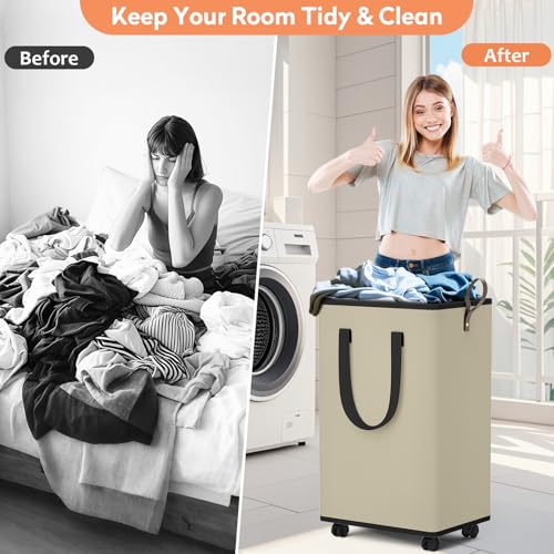SpaceTrove Laundry Basket with Wheels, Collapsible Laundry Baskets, Laundry Hamper with Handles Detachable Wheels, Rolling Laundry Basket, Dirty Clothes Hamper for Bathroom, Dorm, Bedroom, Beige, 80L - color: Beige, size: 80L