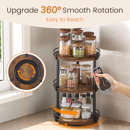 Snughome Lazy Susan Organizer, 3 Tier Rotating Spice Rack, Turntable Lazy Susan Kitchen Countertop Organizer, 10.2" x 10.2" x 18.5", Rustic Brown - color: Rustic Brown, size: 10.2" x 10.2" x 18.5"