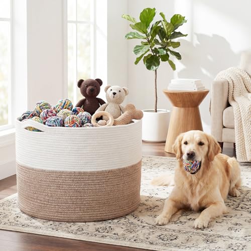 XXXXL 125L Extra Large Blanket Basket, 23.6" x 16.9" Jumbo Woven Cotton Rope Storage Basket with Handles, Laundry Hamper, Toy Storage for Living & Play Room(White & Brown) - color: White & Brown