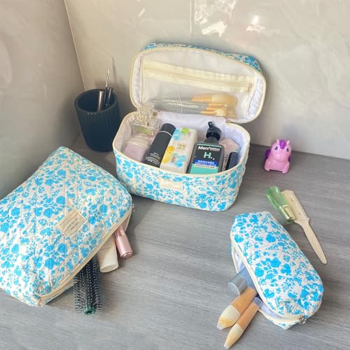 Lake Blue Large Quilted Floral Makeup Bag Set of 3 Cute Coquette Aesthetic Cosmetic Bag Set Travel Toiletry Bag for Women - color: B-3Pcs Lake Blue