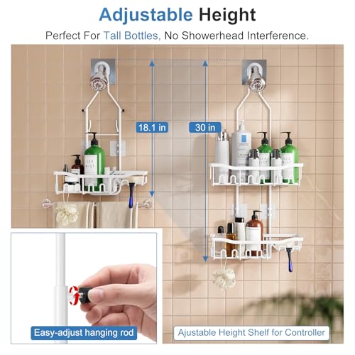 Upgraded Extended Length Shower Organizer with Hooks, Rustproof Shampoo Soap Holder, Large Hanging Bathroom Caddy - color: White - 2 Tier - Standard