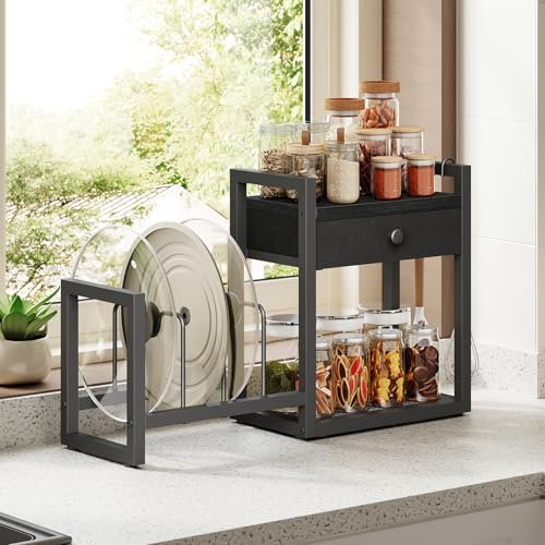 MAHANCRIS Countertop Shelf Organizer, Pots and Pans Organizer Rack, Pot Lid Holder with 1 Drawer, Pot Lid Organizer Holder with 2 Hooks, for Kitchen, Dining Room, Black POBK2201 - color: Black