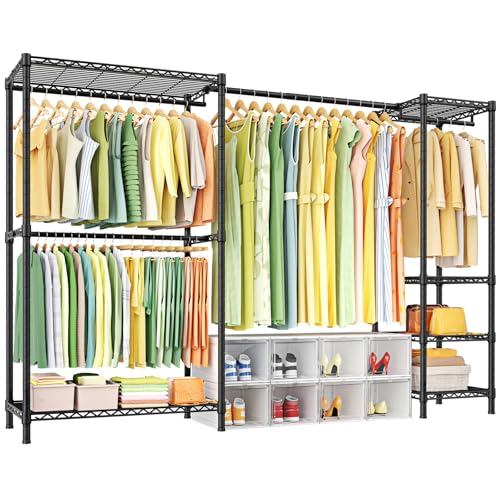 Ulif E10 Clothes Rack（With Stretchable Hanger Rod）Freestanding Clothing Racks for Hanging Clothes，Adjustable Closet Organizer System，Portable Garment Rack 73-97"W x 15" D x 72" H，Max Load 800LBS，Black - color: Black