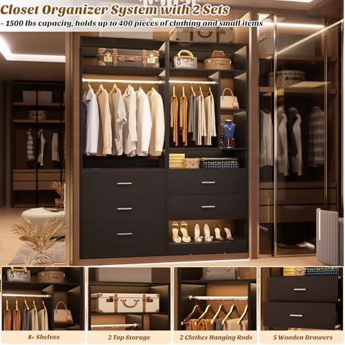 Besiost 4FT Closet Systems with 5 Wood Drawers, 48 Inch Closet Organizer System with 2 Hanging Rods & 7 Shelves, Heavy Duty 48" Walk-in Closet, Black (48"L x 15" W x 80" H) - color: Black