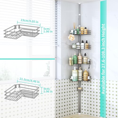 HapiRm Corner Shower Caddy Organizer - Shower Organizer Corner with Soap Holder, Toothbrush Holder and 4 Hooks, Rustproof Bathroom Shelf Tension Pole Available for 27.6 to 108.3 Inch - Silver - color: Silver