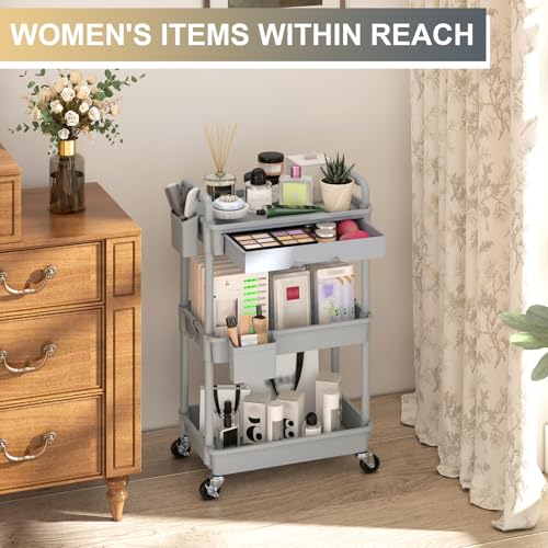 Goovilla 3 Tier Rolling Utility Cart Organizer with Removable Drawer, Stable and Sturdy Grey Rolling Storage Carts with 2 Lockable Wheels for Bathroom, Kitchen, Snack, Craft, Makeup, Baby Essentials - size: 3 Tier, style: Gray