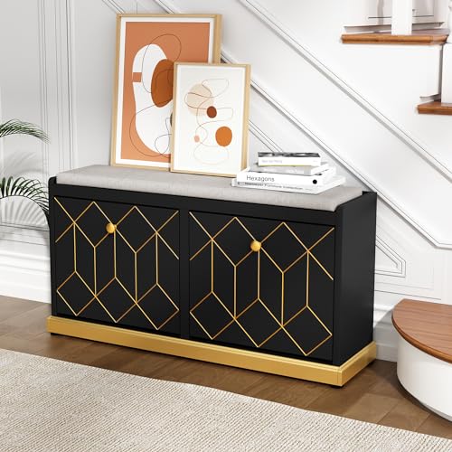 HLR Modern Shoe Bench with Storage, Entryway Bench with 2 Flip Drawer & Padded Cushion Seat, Shoes Storage Bench for Hallway, Closet, Living Room, Black Shoe Storage Cabinet with Bench - color: Black