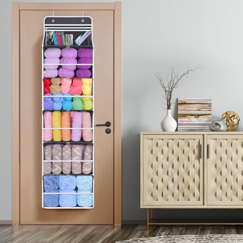 Univivi Hanging Yarn Storage Organizer with 6 Zipper Closure Compartments, Large Capacity Knitting Organizer Storage, Over The Door Hanging Yarn Holder for Knitting Needles, Crochet Hooks (Dark Grey) - color: Grey, size: 6 Tiers