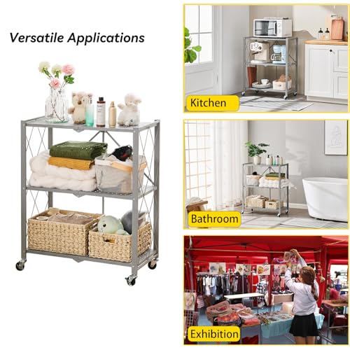 BRIAN & DANY 3-Tier Foldable Storage Shelves with Wheels, No Assembly Folding Shelf Metal Rack, Shelving Unit for Kitchen, Garage, Gray - color: Grey, size: 3-tier