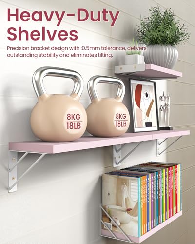 BAYKA Wall Shelves for Bedroom Decor, Pink Floating Wall Shelf for Living Room Kitchen Storage,Mounted Rustic Wood Shelves for Kids Books, Corner Shelf for Bathroom(16in，Set of 4) - color: H. Pastel Pink Board & White Brackets, size: 16-inch Mixed
