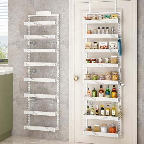 BUKFEN 8-Tier Over the Door Pantry Organizer, 2-in-1 Door Hanging or Wall Mounted Spice Rack, Heavy Duty Metal Storage Shelves with Adjustable Baskets for Kitchen Bathroom Closet - color: White pole marble color, size: 8 Tier