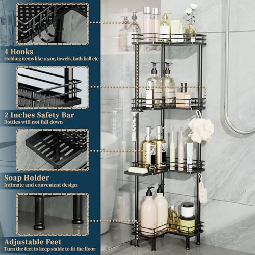 Consumest Corner Shower Caddy Standing - 4-Tier Stainless Steel Shower Organizer with Soap Holder and 4 Hooks, Large Capacity Corner Shelf Stand for Bathroom, Rest Room, Black - color: Black, size: 4 Tier