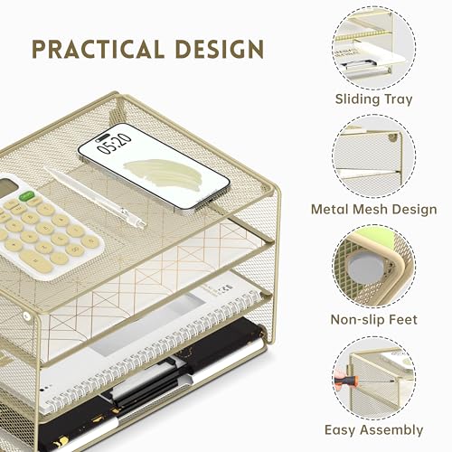 DALTACK 3 Tier Letter Tray Paper Organizer for Desk, Mesh Metal Desk File Organizer with Sliding Trays for Letter/A4 Paper, Mail, Bills & Folders, Yellow - color: Golden Yellow