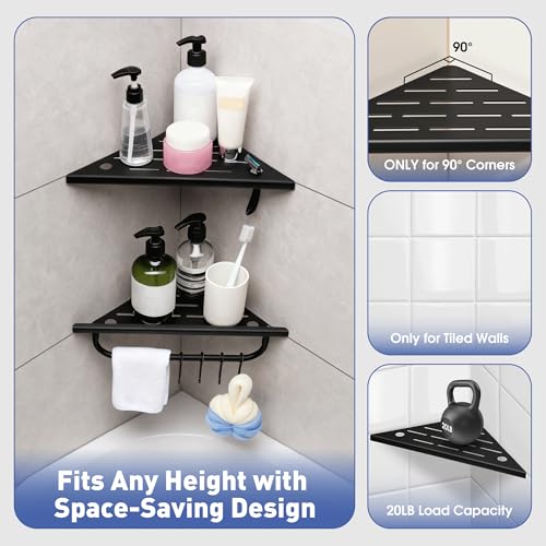 Corner Shower Shelf, 10'' Shower Corner Shelf with Towel Bar & Hooks, 304 Stainless Steel Recessed Bathroom Shelves, No Drilling for Tiled Wall, 2-Pack (Matte Black) - color: Matte Black