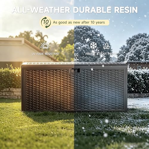 150 Gallon Deck Box, Double Layer Waterproof Resin, Lockable & UV Resistant Storage Box for Patio, Garden, Pool, Brown - color: Brown, size: 150 Gallon-Double Layer