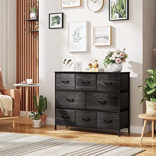WLIVE 8 Drawer Dresser for Bedroom, Fabric Black Dresser with Large Storage Drawer Unit for Entryway, Chest of Drawers for Living Room - color: Charcoal Black Wood Grain Print, style: Large 8 Drawers