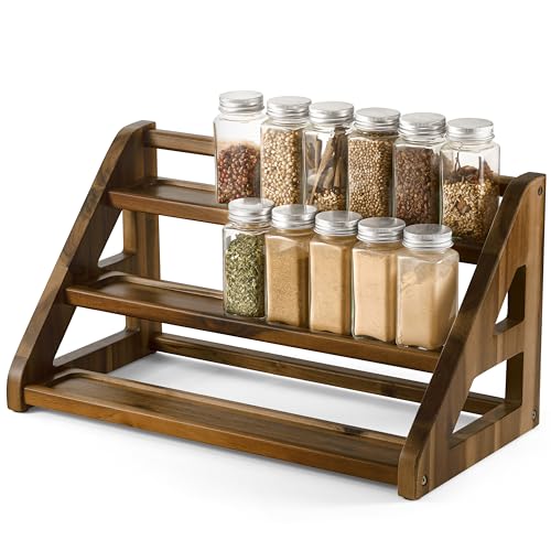 Tinamo Acacia Wood Spice Rack - Wooden 3-Tier Spice Rack Organizer for Countertop or Cabinet – Kitchen Spice Organizer and Seasoning Organizer Shelf (Walnut) - color: Walnut