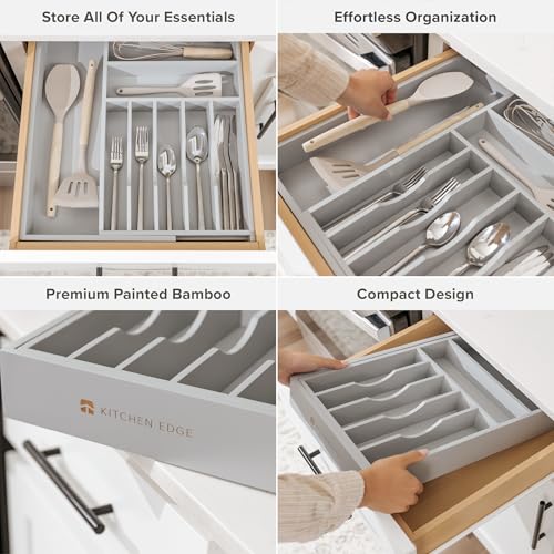 KitchenEdge Premium Silverware, Flatware and Utensil Organizer for Kitchen Drawers, Food-Safe Contract Grade, Expandable from 10.5 to 19 In, Gray Bamboo - color: Gray Bamboo, size: From 10.5" to 19" wide