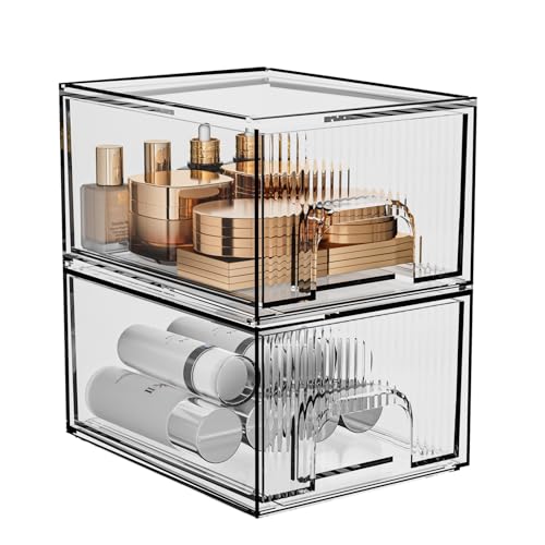 ZHIAI 2 Pack Clear Stackable Cosmetic Organizer, Acrylic Drawer, Plastic Organizer for Dresser, Vanity, Kitchen Cabinet, Pantry, Home Organization and Storage - color: 2 Short