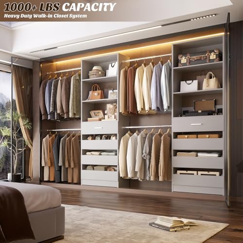 Aheaplus Closet System, 4-9Ft Closet Organizer with 4 Wooden Drawers, Wood Closet Organizer System with Tower, Walk-in Closet Organizer Wardrobe Garment Clothes Rack with 4 Hanging Rods, Grey - color: Grey
