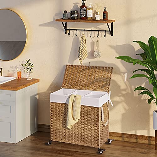 Greenstell Laundry Hamper with Wheels&Lid, 130L Large 3 Sections Clothes Hamper with 2 Types Removable Liner Bags, 5 Mesh Laundry Bags, Handwoven Divided Laundry Basket for Clothes, Natural - color: Natural, size: 130L: 25.6x13.0x25.7 Inches