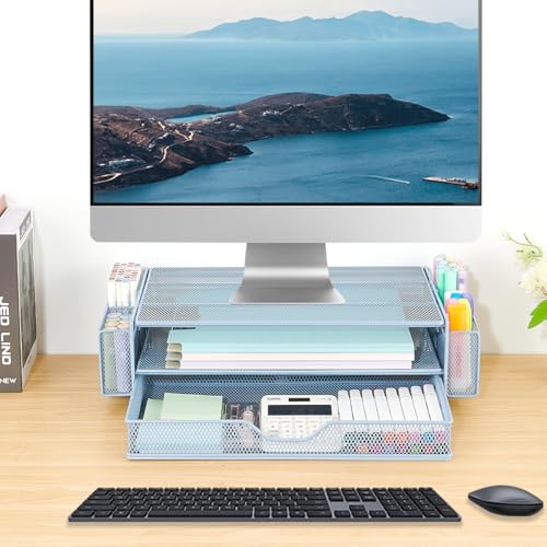 AUPSEN Computer Monitor Stands Riser，2-Tier Desk Organizers and Accessories, Office Desk Accessories Organizer with Drawers and 2 Pen Holder for Office Supplies (Blue) - color: Blue Metal