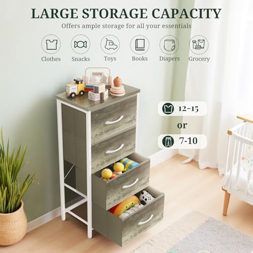 Nightstand, 4 Drawer Dresser End Table Bedside Furniture with Wooden Top Steel Frame Fabric Bins for Bedroom, Closet, Entryway, Dorm, Living Room, Greige Oak - color: Greige Oak, size: 11.8"D x 17.7"W x 37.4"H (4 Drawers)