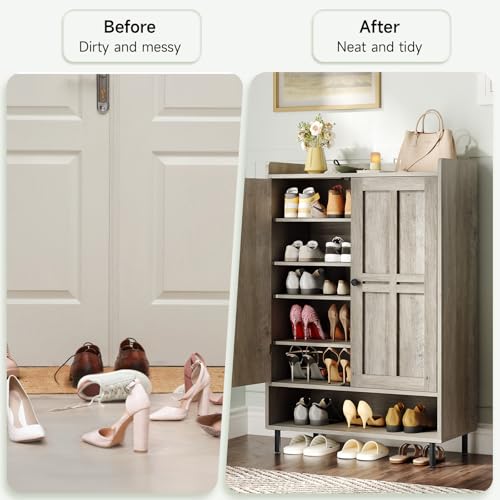 ONBRILL Shoe Cabinet with Cross Molding Doors, 6-Tier Shoe Storage Cabinet with 3 Adjustable Shelves and Metal Legs, 45'' Tall Shoes Rack Organizer Cabinet for Entryway, Front Door, Gray Wash - color: Gray Wash