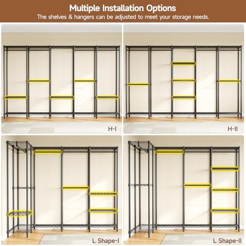 ONBRILL F5 Extra Large Industrial Pipe Clothing Rack, Freestanding Portable Closet Organizer System with Shelves & Hanging Rods, 88.6'' Wide Heavt Duty Clothes Rack, Max Load 1300lbs, Black - color: Black