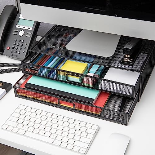 Mind Reader Monitor Stand, Ventilated Laptop Riser, Storage Drawer, Office, Metal Mesh, Black