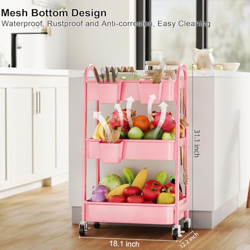 3 Tier Rolling Storage Cart Metal with Wheels, Pink Three Tiered Craft Cart Organizer on Wheels, Utility Carts for Baby Nursery, Diaper Caddy, Art, Book, Snack, Nail, Makeup, Bathroom Supplies, Mesh - color: Soft Pink, size: 3 Tier+Cups+Hooks