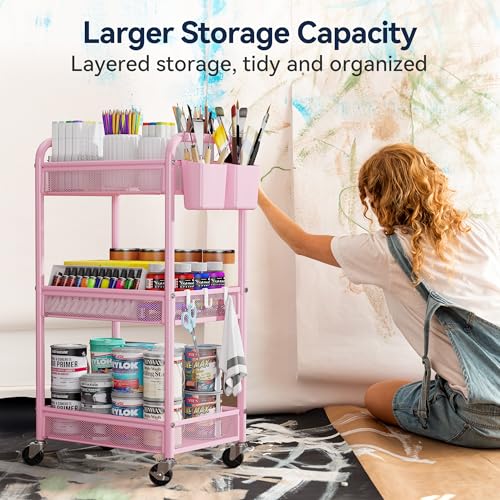 YASONIC 3 Tier Rolling Cart – Metal Utility Storage Cart with Wheels, Craft Cart Organizer with Hanging Cups, Hooks, Mesh Basket for Bedside Kitchen Office Art, Pink - color: Pink