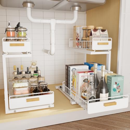 2 Pack Under Sink Organizer with Ball Bearing Sliding Drawer, Heavy Duty Pull Out Cabinet Organizer, 2 Tier Adjustable Storage Rack for Kitchen Bathroom, Space Saving Design, White - color: White, size: 2 Pack Double Layer