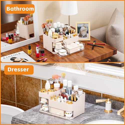Pink Make up Organizers for Vanity with 3 Drawers,Large Skincare Organizers for Countertop,Desk,Dresser,Plastic Bathroom Counter Organizer for Eyeshadow Palettes,Perfume,Make up Brush Organization - color: Pink, size: Large-3 Drawers
