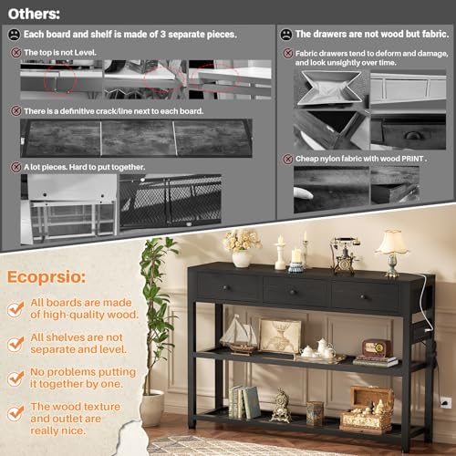 Ecopriso 47'' Entryway Table with Outlets and USB Ports, Console Table with 3 Drawers, Sofa Table Narrow Long with Storage Shelves for Living Room, Couch, Hallway, Foyer, Kitchen Counter, Black - color: Black, size: 47-In