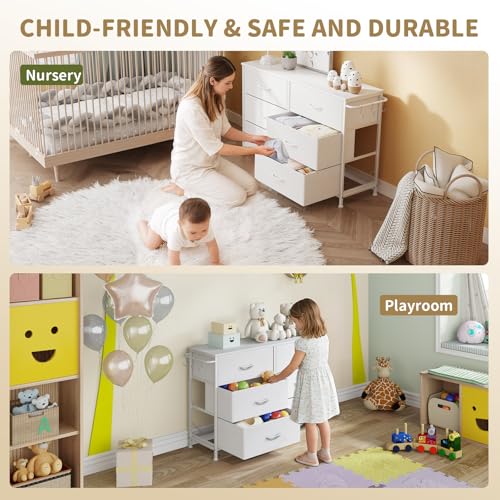Dresser for Bedroom with 6 Drawers, Small Fabric Dressers for Kids Bedroom, Chest of Drawers, Storage Organizer Dresser for Closet, Nursery, Dorm, Apartment, TV Stand Living Room Wooden Top (White) - color: White, size: 11.8"D x 39.4"W x 25.6"H (6 Drawers